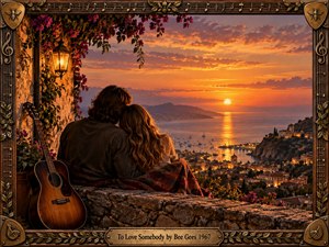 A couple sits closely together on a stone terrace overlooking a glowing coastal town and calm sea at sunset. Warm orange and gold light fills the sky, while an acoustic guitar, flowering vines, lantern, and ornate bronze musical frame create a nostalgic, romantic atmosphere with richly detailed cinematic realism.