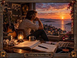 A reflective songwriter sits beside an open window overlooking a glowing coastal sunset, surrounded by guitars, records, handwritten pages, and warm lamplight. Rich amber, bronze, and violet tones create a nostalgic, intimate mood, while the ornate musical frame and detailed studio textures suggest memory, longing, tenderness, and quiet emotional confession.