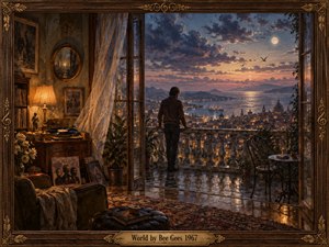 A solitary man stands on a rain-slick balcony overlooking a glowing coastal city at twilight. Warm lamplight contrasts with blue-violet clouds, moonlight, and shimmering water. The richly textured painterly scene feels reflective and nostalgic, framed by carved dark wood and brass ornament, with records and furnishings suggesting memory and music.