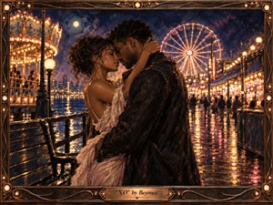 A couple embraces intimately on a rain-slicked carnival pier, surrounded by glowing carousel lights, a radiant Ferris wheel, and shimmering waterfront reflections. Deep blues, amber golds, and soft pinks create a romantic, electric mood. Rich painterly textures, dramatic night lighting, and an ornate bronze frame enhance the handcrafted atmosphere.