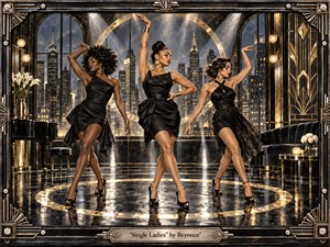 Three poised dancers command a glamorous Art Deco nightclub overlooking a glittering city skyline. Flowing black dresses, gold jewelry, polished marble, and geometric metalwork create bold elegance. Warm spotlights and golden reflections contrast with cool midnight blues, while synchronized poses, circular motifs, and handcrafted textures convey confidence, independence, rhythm, and celebration.