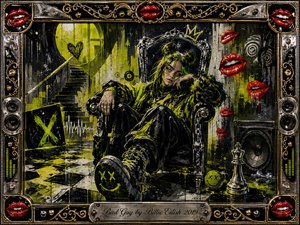 A defiant green-haired figure lounges on an ornate throne in a gritty, neon-soaked room, surrounded by speakers, checkerboard flooring, dripping red lips, and graffiti-like symbols. Acid yellow-green, black, silver, and crimson dominate the palette, while dramatic lighting and textured mixed-media brushwork create a rebellious, mischievous, darkly playful atmosphere.