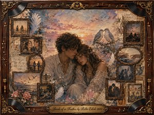 A tender young couple rests together at sunset, surrounded by paired birds and faded romantic memories arranged in ornate vintage frames. Warm sepia, blush pink, muted blue, and golden light create a nostalgic dreamlike mood. Textured mixed-media brushwork, roses, feathers, records, musical details, and carved rosewood framing deepen the intimate, timeless atmosphere.