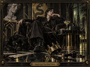 A stylish, defiant figure lounges in a decadent black-and-gold Art Deco interior beside a watchful panther. Moody green city light filters through tall windows, reflecting across polished marble. A fallen crown, toppled chess piece, serpent motifs, cracked sculpture, and dark florals create an atmosphere of seductive menace, control, rebellion, and theatrical luxury.