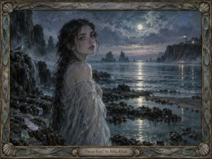 A solitary young woman stands on a moonlit rocky shore, surrounded by silvery surf, distant sea stacks, and a glowing lighthouse. Cool blue-gray tones, wet textures, and soft reflections create a haunting, intimate mood. Painterly brushwork, windswept hair, delicate fabric, and an ornate ocean-inspired frame deepen the dreamlike atmosphere.