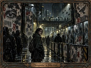A solitary young woman stands amid a rain-soaked urban checkpoint, surrounded by guards, barriers, surveillance cameras, and wary crowds. Cold blue-gray tones contrast with harsh yellow lights reflecting on wet pavement. Distressed walls, fractured posters, mirrored faces, and circling birds create a tense, alienating atmosphere in a richly textured dystopian painting.