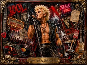 A fierce punk-rock singer commands the stage beneath blazing red lights, gripping a microphone amid smoke, guitars, drums, vinyl records, posters, and rebellious memorabilia. Rich blacks, crimson reds, and metallic golds create a dramatic 1980s atmosphere. An ornate frame and engraved title plate complete the gritty, high-energy collage.