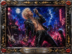 A rebellious rock singer commands a neon-lit nighttime stage, gripping a vintage microphone beneath a glowing moon and electric city skyline. Deep blues, crimson, black leather, and gold accents create a fierce, energetic mood. Thick expressive paint textures, roaring crowds, guitars, amplifiers, lightning motifs, and an ornate chrome-and-gold frame intensify the drama.