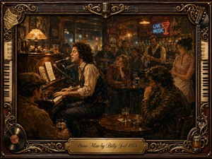 A soulful pianist performs in a dim 1970s bar, surrounded by weary patrons, glowing drinks, and quiet conversation. Warm amber, brown, and burgundy tones mingle with smoky blue shadows under soft lamps and neon light. Rich oil-painted textures, intimate expressions, vintage furnishings, and an ornate musical frame create a nostalgic, deeply human atmosphere. SongData_PianoMan_BillyJoel_1973