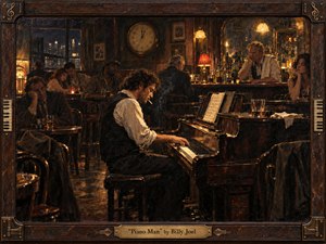 A weary pianist plays in a smoky, late-night lounge surrounded by solitary patrons and a watchful bartender. Warm amber lamps illuminate polished wood, worn furniture, glasses, and drifting haze against deep brown shadows. Painterly brushwork, subdued expressions, and intimate composition create a nostalgic, melancholy atmosphere of shared loneliness and quiet connection.