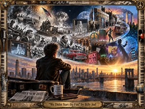 A lone figure overlooks a glowing city skyline while sweeping historical scenes spiral above him through war, protest, space exploration, music, media, and technology. Warm sunset golds contrast with smoky grays and electric blues, creating urgency and reflection. The richly detailed painted style blends nostalgia, tension, and relentless cultural change.