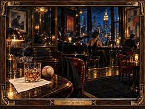 A sophisticated nighttime jazz lounge glows with amber lamps, polished brass, dark wood, and deep burgundy upholstery against a sparkling Manhattan skyline. A grand piano anchors the scene while elegant patrons linger nearby. A whiskey glass, baseball, smoke, and scattered details add mystery, nostalgia, and cinematic late-1970s atmosphere.