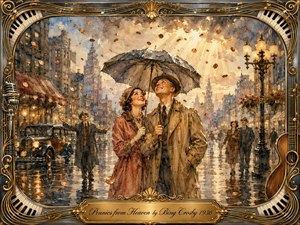 A joyful 1930s couple strolls beneath a shared umbrella on a rain-slicked city street as copper pennies tumble through glowing clouds. Warm gold, sepia, blue-gray, and rose tones create nostalgic romance. Painterly watercolor textures, vintage automobiles, lamplight, reflections, musical motifs, and an ornate piano-and-brass frame enrich the whimsical composition.