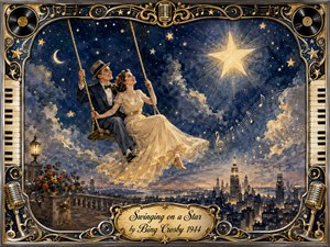 A joyful 1940s couple swings high above a glowing city beneath a deep blue, star-filled sky, gazing toward a brilliant golden star. Warm moonlight, luminous clouds, and sweeping musical notes create a dreamy romantic mood. Ornate gold-and-black framing, piano keys, records, microphones, and engraved titlework complete the nostalgic painted scene.
