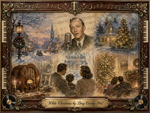 A nostalgic Christmas collage surrounds Bing Crosby singing into a vintage microphone, blending snowy streets, a glowing family home, decorated trees, and tender holiday memories. Warm amber lights contrast with icy blues and creamy whites, while painterly textures, faded sheet music, rosewood, gold filigree, piano keys, and vinyl details create timeless elegance.