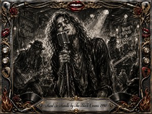 A charismatic rock singer leans into a vintage microphone inside a smoky, crowded club, flanked by guitarists and glowing stage lights. Deep feathered charcoal textures create a gritty, seductive mood, while chrome, gold filigree, red lips, roses, records, flames, and amplifier details form an ornate frame around the dramatic monochrome scene.