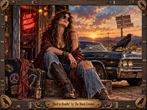 A confident woman in sunglasses and worn denim lounges beside a vintage car outside a weathered roadside bar at sunset. Warm amber light, dramatic clouds, rugged textures, neon signage, a guitar case, and a perched black crow create a rebellious, soulful rock atmosphere, framed with ornate guitar-inspired metalwork.