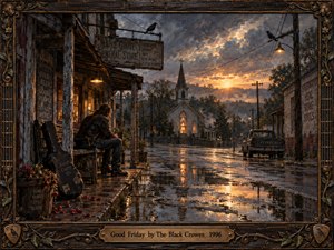 A solitary musician rests beside a weathered Southern general store after rain, facing a glowing church beneath a dramatic sunset. Wet pavement mirrors amber light, while ravens, old buildings, telephone poles, and a faded pickup deepen the reflective mood. Rich painterly textures and an ornate carved frame create a somber, nostalgic atmosphere.