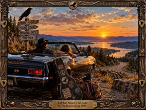 A dark vintage convertible rests above a winding mountain road at sunset, where two travelers share a quiet view across glowing lakes and distant ridges. Warm amber light, rugged stone, evergreen forests, a weathered guitar case, crows, and an ornate music-themed frame create a nostalgic, cinematic rock atmosphere.