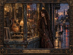 A solitary woman leans beside a rain-streaked pawnshop window glowing with amber light, surrounded by worn guitars, clocks, records, and tarnished keepsakes. Wet streets reflect red and gold lights beneath a dusky blue sky. Rich painterly textures, weathered wood, ornate metalwork, and melancholy shadows create a soulful, nostalgic atmosphere.