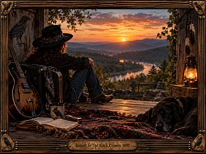 A long-haired musician rests on a rustic porch overlooking a winding river and layered mountains at sunset. Warm amber light, deep wood tones, a guitar, lantern, journal, patterned rug, sleeping black dog, raven motifs, and an ornate weathered frame create a reflective Southern rock atmosphere with cinematic realism.
