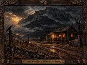 A storm-dark mountain towers above a weathered rural shack glowing with warm amber light, while a muddy road, rusted truck, broken fencing, and perched crow deepen the Southern Gothic mood. Rich browns, charcoal blues, and smoky golds blend through textured oil-like brushwork, framed with ornate wood, bronze, and guitar-inspired details.