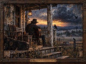A solitary musician rests with his guitar on a weathered rural porch, watching a storm-darkened sunset over misty fields and distant hills. Warm lantern light contrasts with deep blues, charcoal clouds, amber horizons, rusted farm details, black crows, peeling wood, and an ornate handcrafted frame, creating a reflective Southern Gothic mood.