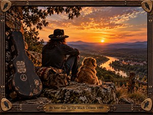 A lone traveler and golden dog sit on a rocky overlook at sunset, facing a winding river, distant town, and layered mountains. Warm amber light, deep shadows, weathered guitar gear, and a rustic music-inspired frame create a reflective, loyal, road-worn mood with cinematic photographic detail and handcrafted texture.