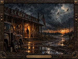 A weathered Southern roadhouse glows warmly beneath a turbulent storm sky, with a lone figure, old truck, guitar case, muddy reflections, crossing power lines, and perched crows creating a tense, hopeful mood. Rich charcoal, rust, amber, and brown tones combine with textured painterly surfaces and a handcrafted musical frame.