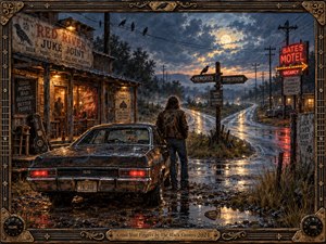 A lone traveler stands beside a weathered muscle car at a rain-slick crossroads outside a glowing juke joint and neon motel. Moonlight and amber lamps shimmer across puddles, while crows perch overhead and signs point toward memory and tomorrow. The richly textured painterly scene feels restless, hopeful, gritty, and deeply Southern.