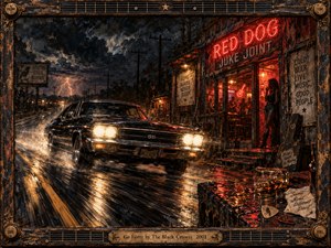 A black muscle car charges down a rain-slick Southern road toward a glowing juke joint, beneath storm clouds and lightning. Red neon, amber headlights, and wet reflections create a tense, restless mood. The textured mixed-media painting uses dramatic depth, rustic detail, and a guitar-themed frame to suggest speed and heat.