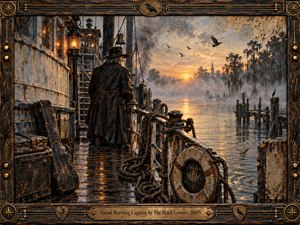 A weathered river captain stands on a misty steamboat deck at sunrise, surrounded by coiled ropes, glowing lanterns, worn wood, and tarnished metal. Warm amber light cuts through blue-gray fog over calm water, while distant trees, birds, and a steeple deepen the reflective Southern Gothic mood and richly textured handcrafted style.