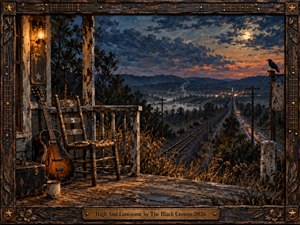 A weathered porch overlooks railway tracks and a lonely road winding toward distant town lights beneath a dramatic moonlit sunset. An empty wooden chair, worn guitar, glowing lantern, and perched crow deepen the reflective mood. Rich amber, rust, charcoal, and blue tones create a handcrafted oil-painted atmosphere of solitude and memory.