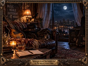 A warmly lit midnight music room overlooks a moonlit city skyline, blending amber lamplight with deep blue night tones. A worn leather sofa, resting dog, vintage guitar, hat, notebooks, records, and road cases create a reflective, road-worn atmosphere. Ornate guitar-inspired framing and a brass title plate complete the cinematic, handcrafted composition.