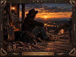 A solitary long-haired traveler sits with a black dog on a weathered porch at sunset, overlooking a winding river, distant mountains, and a quiet rural road. Warm amber light contrasts with deep charcoal shadows, while a guitar, lantern, worn case, ravens, and rustic frame create a reflective Southern rock atmosphere.