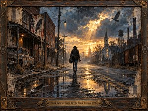 A lone traveler walks down a rain-soaked industrial street toward golden light breaking through storm clouds. Rusted buildings, a church, freight cars, ravens, puddle reflections, and telephone poles create a gritty Southern mood. Rich blues, browns, and amber highlights enhance the textured mixed-media painting, framed in weathered wood and bronze.