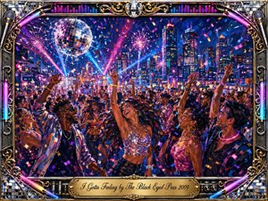 Kung Fu Hand Painting - A jubilant rooftop crowd dances beneath a glittering disco ball, fireworks, and sweeping neon lights against a glowing city skyline. Electric blues, magentas, golds, and purples create an exuberant nighttime atmosphere. Energetic acrylic-style brushwork, flying confetti, joyful raised hands, and an ornate chrome-and-gold music-themed frame amplify the celebratory mood.