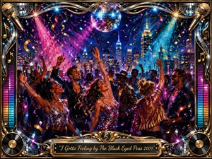 Kung Fu Hand Painting - A jubilant rooftop dance party erupts beneath a glittering disco ball and glowing city skyline. Vibrant pink, blue, gold, and violet spotlights illuminate joyful dancers, swirling confetti, and raised hands. Rich painterly textures blend with polished chrome and musical details, while an ornate gold frame and engraved title plate complete the celebratory scene.