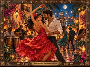 Kung Fu Hand Painting - A passionate couple dances beneath glowing string lights in a moonlit Mediterranean courtyard, surrounded by musicians, tropical flowers, lanterns, and a shimmering waterfront skyline. Rich reds, golds, teal, and deep blues heighten the romantic, celebratory mood. Painterly textures, wet stone reflections, swirling fabric, and an ornate carved frame create handcrafted elegance.