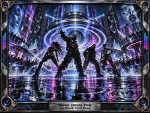 Kung Fu Hand Painting - Four futuristic performers command a neon-soaked city stage beneath a colossal glowing sound core, surrounded by cheering crowds, towering speakers, and misty skyscrapers. Electric blue, violet, magenta, chrome, and black dominate the dramatic lighting, while reflective puddles ripple with bass-like energy. The cyberpunk mixed-media style feels glossy, kinetic, metallic, and explosive.