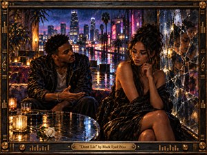 Kung Fu Hand Painting - A tense couple sits in a rain-soaked, neon-lit lounge overlooking a glowing city skyline. The man leans forward while the woman turns away beside a fractured mirror reflecting emotional distance. Deep blues, amber candlelight, and magenta signs create a moody, cinematic atmosphere, framed by ornate black-and-bronze musical detailing.