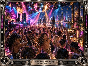 Kung Fu Hand Painting - A dazzling rooftop nightclub pulses above a glittering city skyline, packed with dancers beneath a mirrored disco ball and sweeping neon lights. Electric pink, blue, gold, and violet reflections energize the scene, while a DJ booth, confetti, metallic frame details, and warm bar lighting create a glamorous, high-energy nightlife atmosphere.