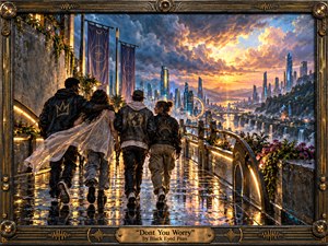 Kung Fu Hand Painting - Four friends walk arm in arm along a rain-slick terrace toward a radiant futuristic city glowing after a storm. Golden sunset light breaks through deep blue clouds, reflecting across wet stone and luminous railings. Framed in ornate bronze with musical motifs, the artwork feels hopeful, cinematic, richly textured, and emotionally uplifting.
