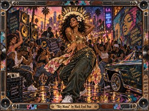 Kung Fu Hand Painting - A radiant woman dances at the heart of a lively urban block party, surrounded by cheering crowds, speakers, murals, neon signs, and a gleaming lowrider. Warm gold, pink, teal, and violet tones glow across rain-slick streets. Handcrafted graffiti, metallic textures, and layered paint create an exuberant, rhythmic, celebratory atmosphere.