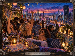 Kung Fu Hand Painting - A jubilant rooftop celebration unfolds above a glowing modern city at sunset, capturing carefree anticipation and collective euphoria. Dancing friends, raised hands, confetti, lanterns, and richly patterned furnishings fill the foreground, while neon towers and illuminated bridges recede into the distance. Warm amber light contrasts with deep blues and vivid magentas in a textured, cinematic painting style.