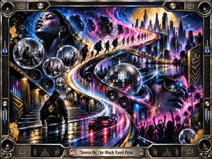 Kung Fu Hand Painting - A futuristic neon city unfolds along a luminous S-curved roadway, linking shadowed street scenes, rising figures, mirrored disco energy, and glowing skyscrapers. Electric blues, magentas, golds, and blacks create a confident, ambitious mood. Reflective surfaces, speaker-like framing, rain-slick streets, and layered silhouettes give the handcrafted digital artwork depth, motion, and celebratory momentum.