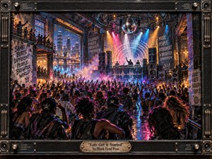 Kung Fu Hand Painting - A packed industrial nightclub surges with collective energy beneath neon pink, blue, orange, and white lights. A DJ stage anchors the composition as raised hands, reflective floors, graffiti, speakers, and a mirrored disco ball intensify the celebratory mood. The handcrafted mixed-media style feels gritty, vibrant, urban, and electrically alive.