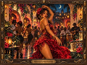 Kung Fu Hand Painting - A glamorous dancer in a flowing crimson dress commands a moonlit courtyard alive with music, movement, and tropical warmth. Golden lanterns illuminate arched stucco walls, musicians, flowers, and reflective stone floors beneath a deep blue sky. Rich painterly textures, ornate framing, and fiery reds create a sensual, festive atmosphere.
