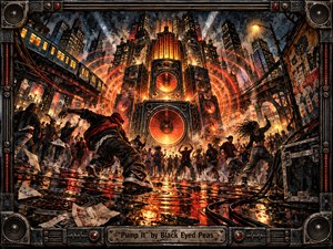 Kung Fu Hand Painting - A rain-soaked urban street erupts into a high-energy dance gathering beneath towering speakers and elevated trains. Fiery orange sound waves blaze against deep blacks and steel grays, reflecting across wet pavement. Dynamic figures, cables, posters, industrial structures, and distressed metal textures create a gritty, explosive mixed-media atmosphere of rhythm and motion.