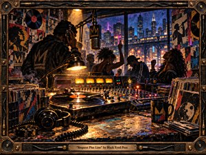 Kung Fu Hand Painting - A richly textured urban recording studio glows with amber light as a headphone-wearing performer works beside turntables, microphones, mixing boards, and stacked vinyl. Beyond broad windows, a blue-purple city skyline and elevated train pulse with nightlife energy. Graffiti, worn surfaces, dancing figures, and industrial framing create a gritty, celebratory hip-hop atmosphere.